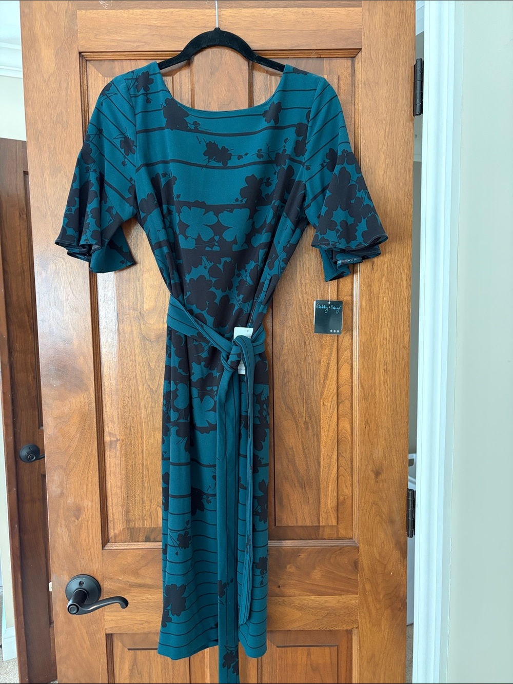Gabby Skye Teal Floral Belted Midi Dress with Black Accents